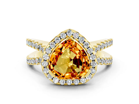 Yellow gold Heart Cut Citrine Halo Ring with Split Shank Pavé Band and Prong Setting