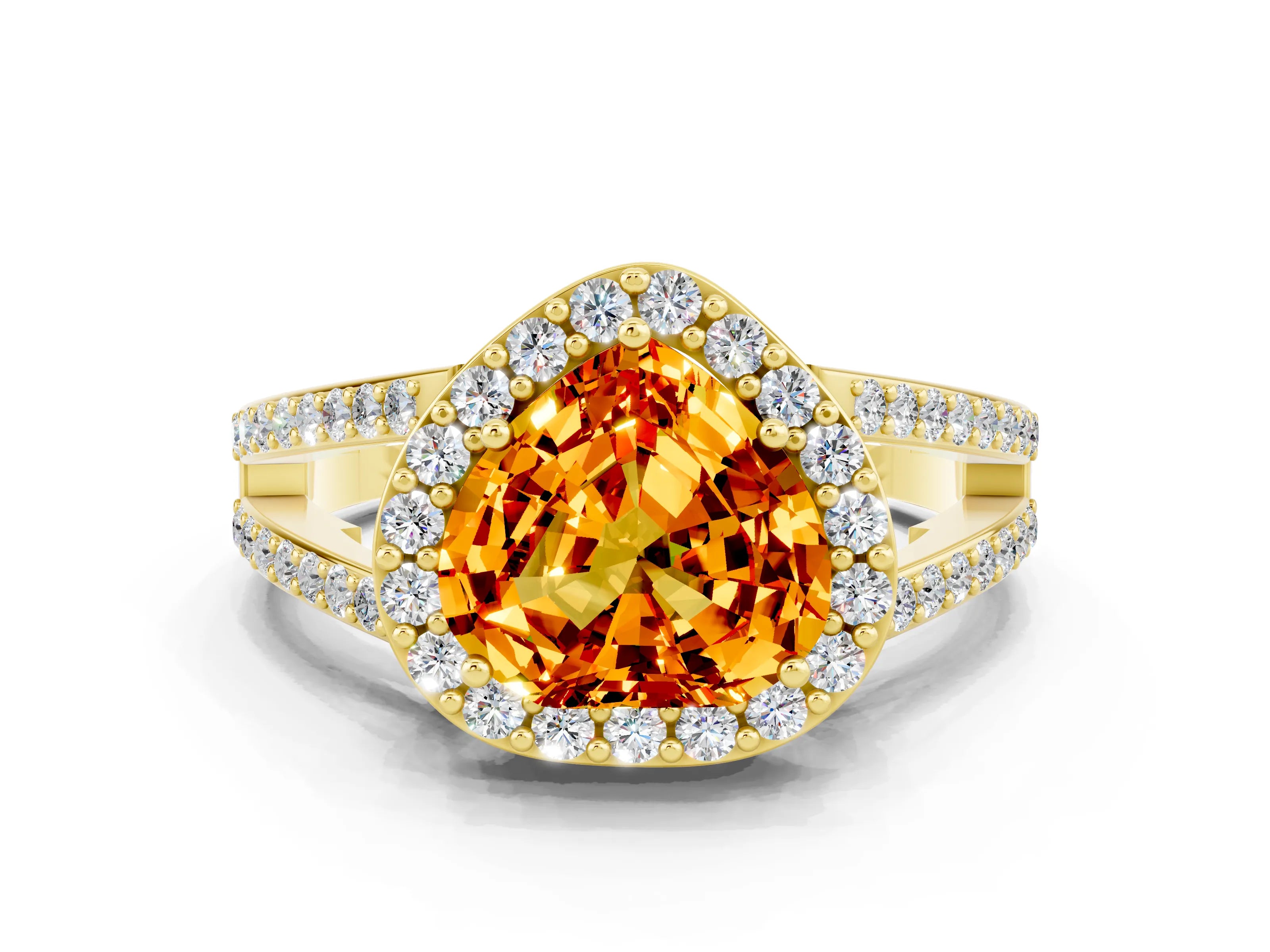 Yellow gold Heart Cut Citrine Halo Ring with Split Shank U-Prong Band and Four-Prong Setting