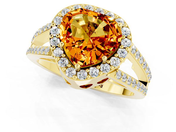 Yellow gold Heart Cut Citrine Halo Ring with Split Shank U-Prong Band and Four-Prong Setting