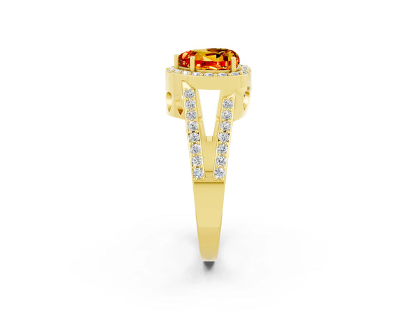 Yellow gold Heart Cut Citrine Halo Ring with Split Shank U-Prong Band and Four-Prong Setting