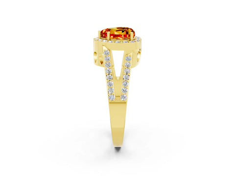 Yellow gold Heart Cut Citrine Halo Ring with Split Shank U-Prong Band and Four-Prong Setting_2