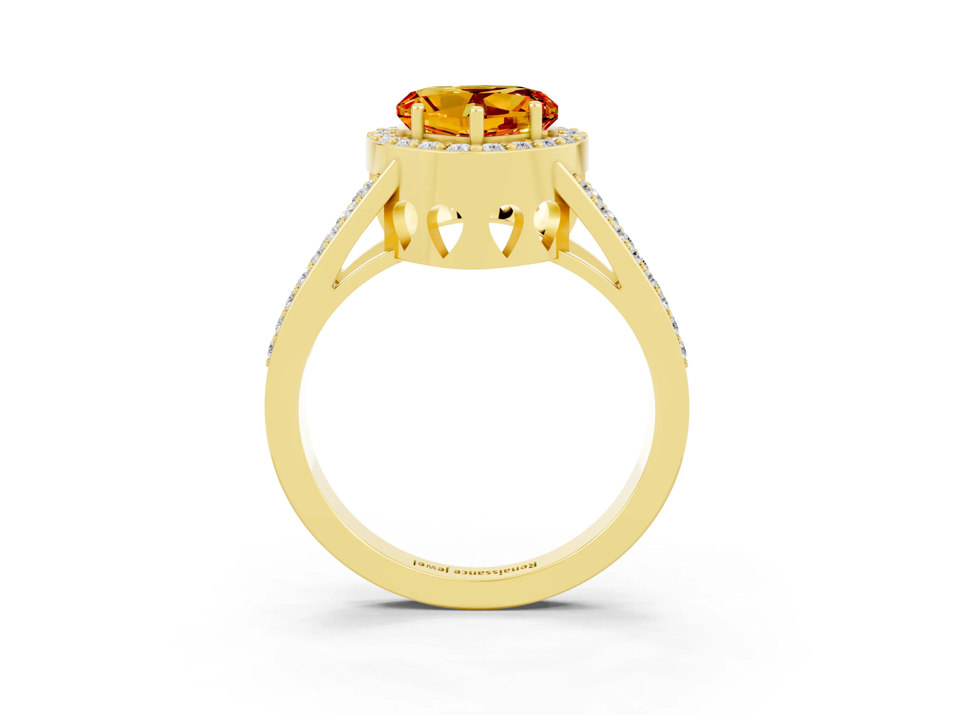 Yellow gold Heart Cut Citrine Halo Ring with Split Shank U-Prong Band and Four-Prong Setting_3