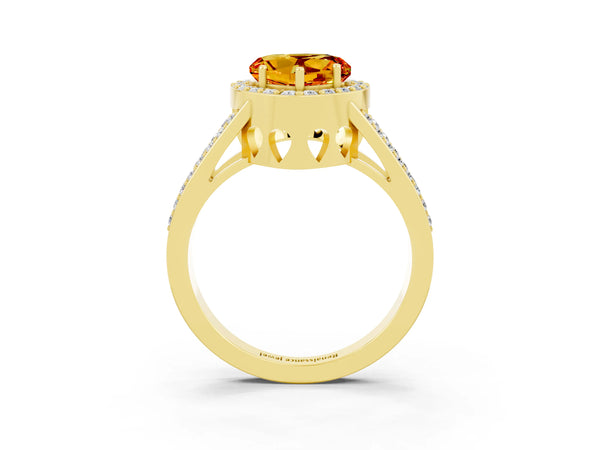 Yellow gold Heart Cut Citrine Halo Ring with Split Shank U-Prong Band and Four-Prong Setting