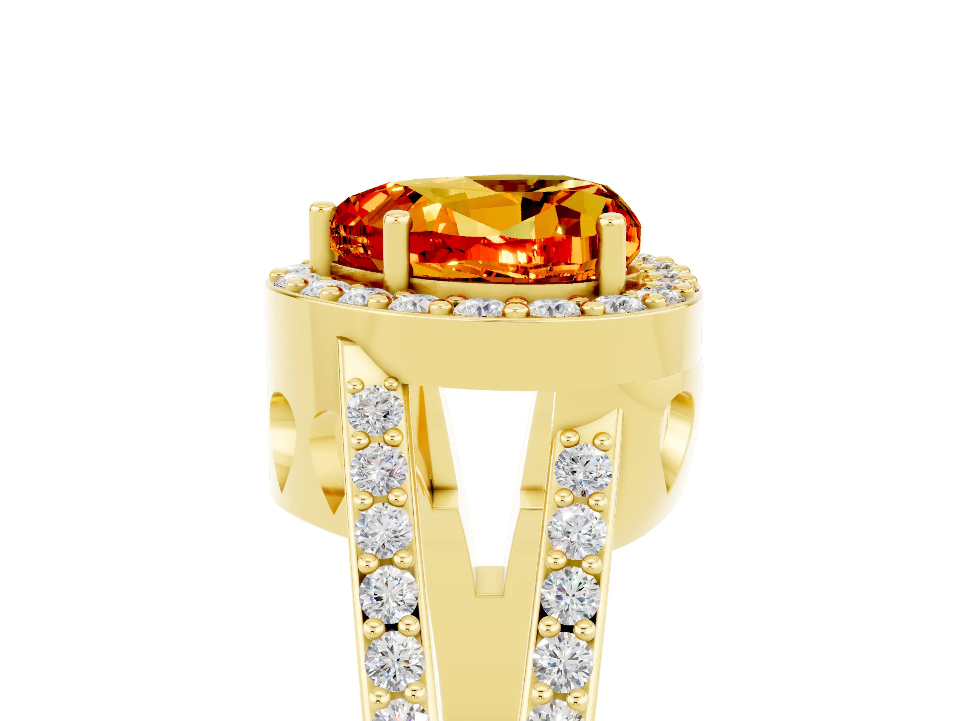 Yellow gold Heart Cut Citrine Halo Ring with Split Shank U-Prong Band and Four-Prong Setting_5