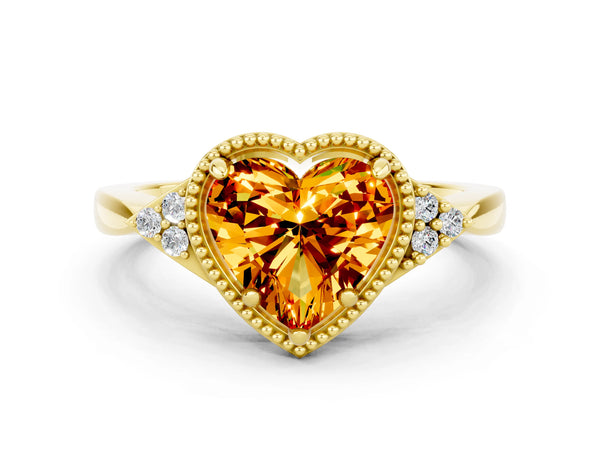 Yellow gold Heart Cut Citrine Halo Ring with Tapered Band and Four-Prong Setting