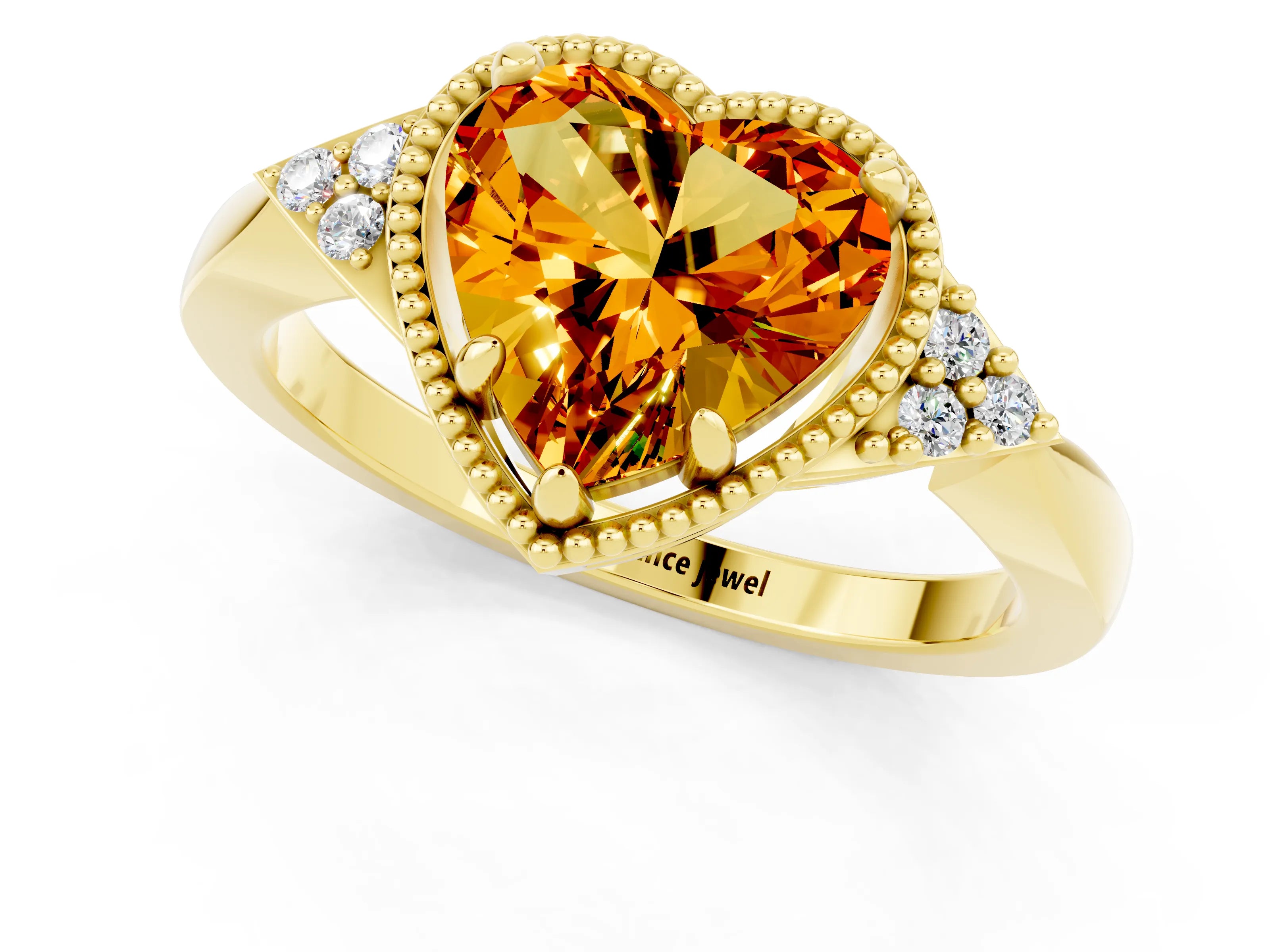 Yellow gold Heart Cut Citrine Halo Ring with Tapered Band and Four-Prong Setting_1