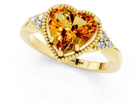 Yellow gold Heart Cut Citrine Halo Ring with Tapered Band and Four-Prong Setting_1