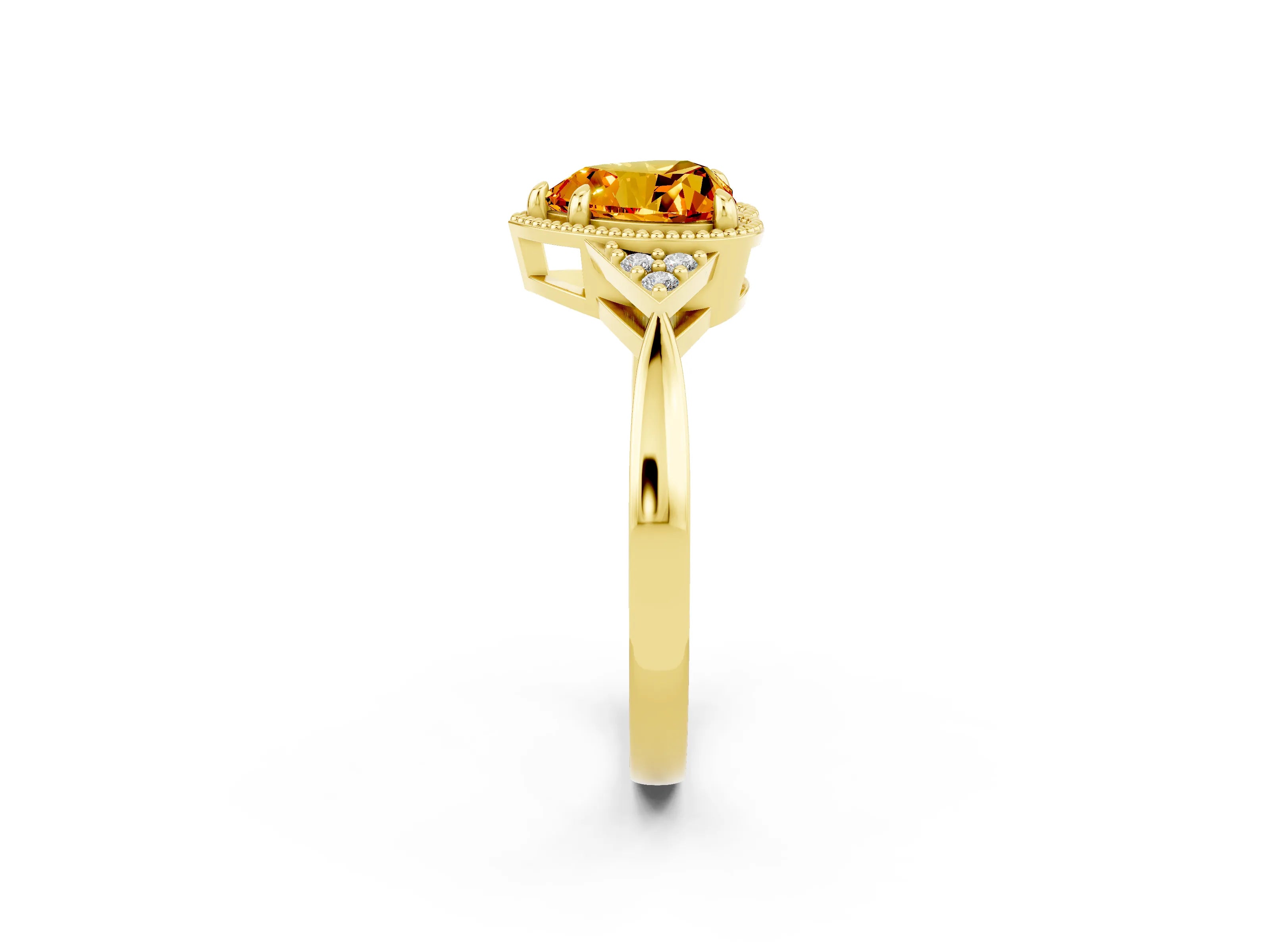 Yellow gold Heart Cut Citrine Halo Ring with Tapered Band and Four-Prong Setting_2