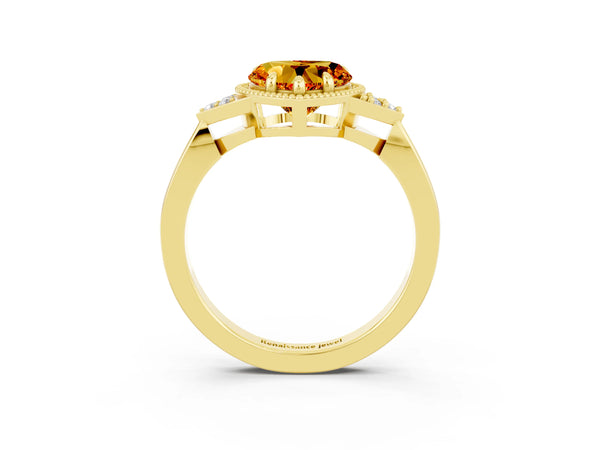 Yellow gold Heart Cut Citrine Halo Ring with Tapered Band and Four-Prong Setting