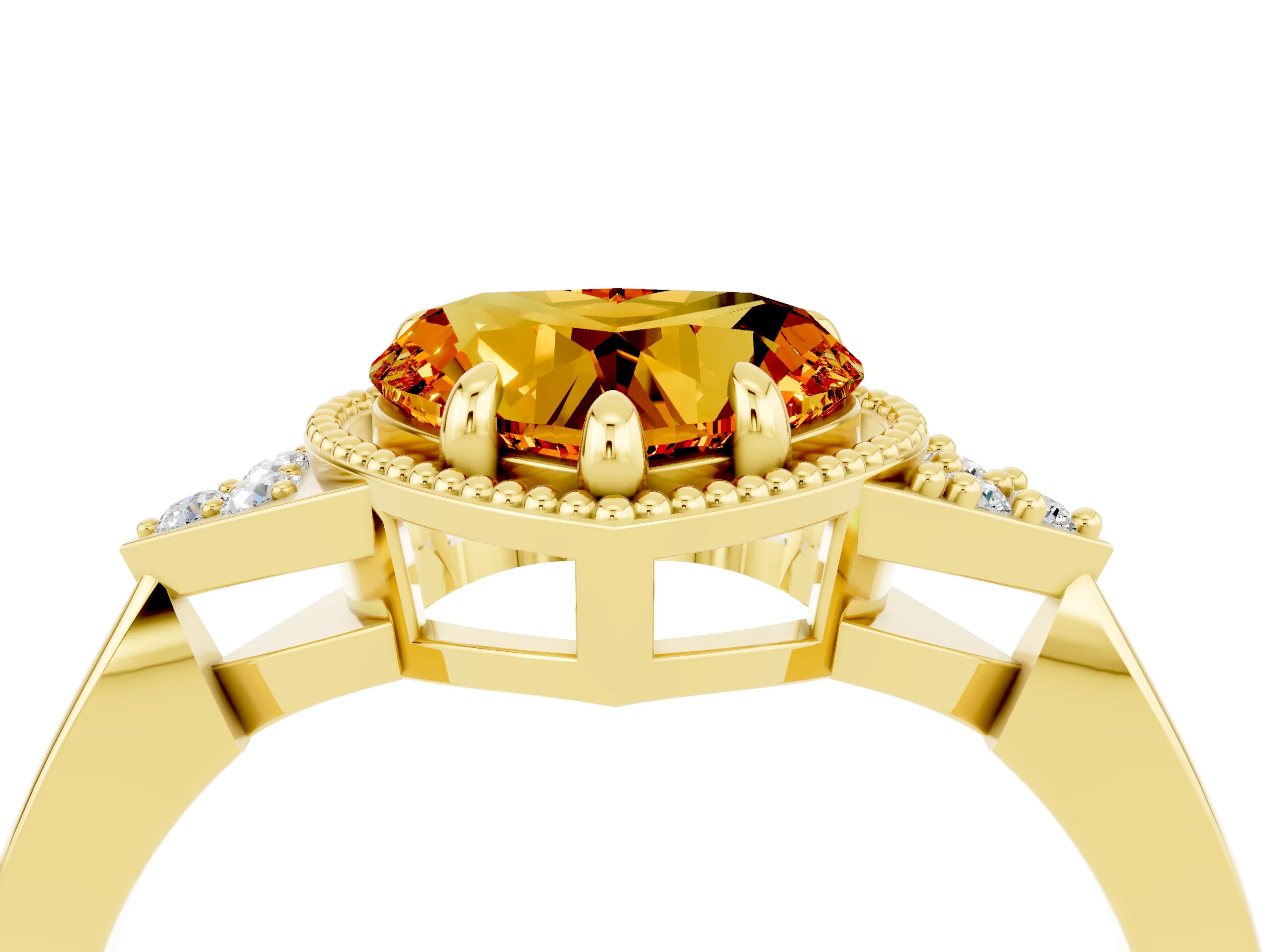 Yellow gold Heart Cut Citrine Halo Ring with Tapered Band and Four-Prong Setting_4