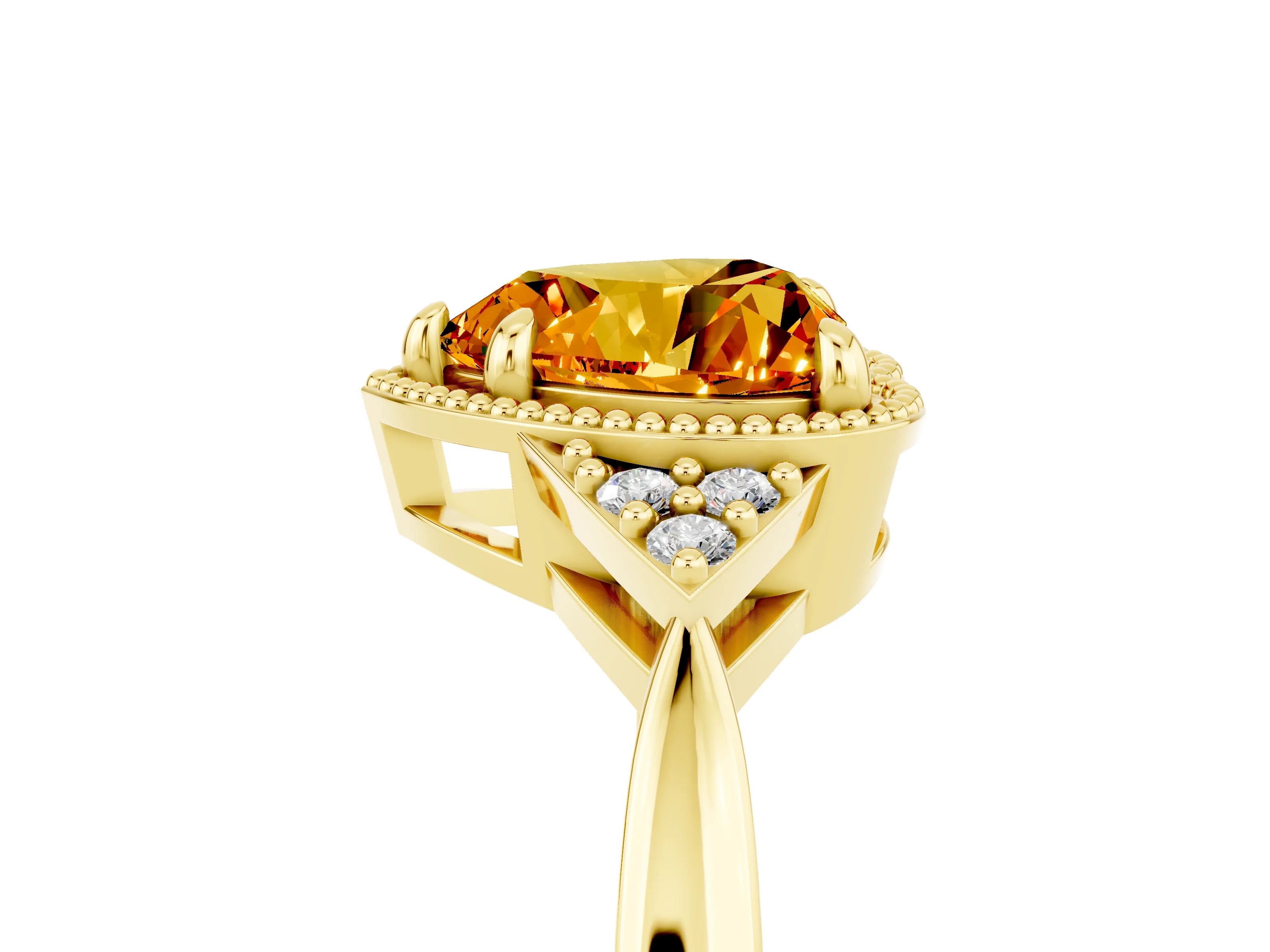 Yellow gold Heart Cut Citrine Halo Ring with Tapered Band and Four-Prong Setting_5