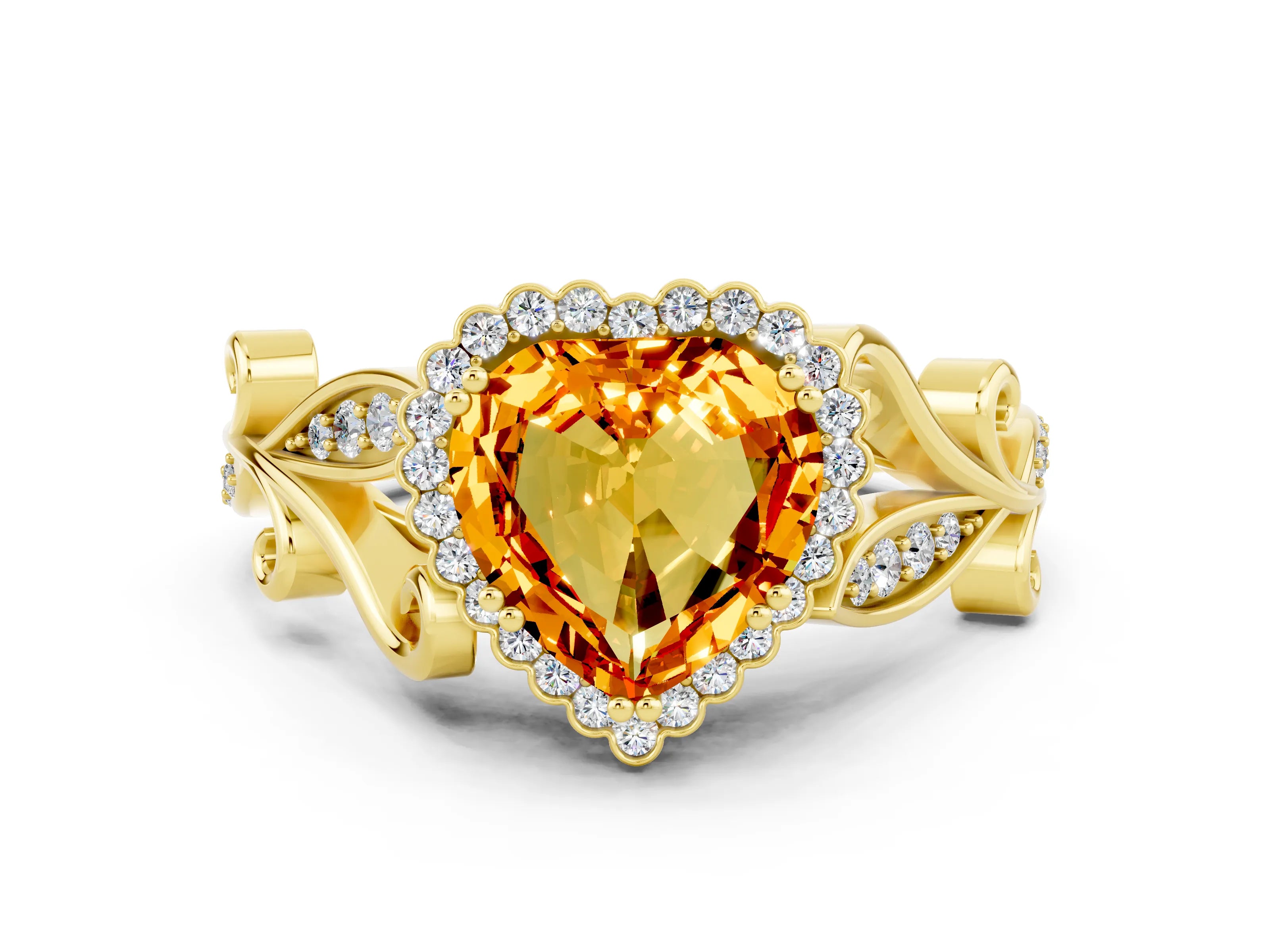 Yellow gold Heart Cut Citrine Halo Ring with Vintage Split Shank and Four-Prong Setting