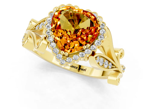 Yellow gold Heart Cut Citrine Halo Ring with Vintage Split Shank and Four-Prong Setting_1