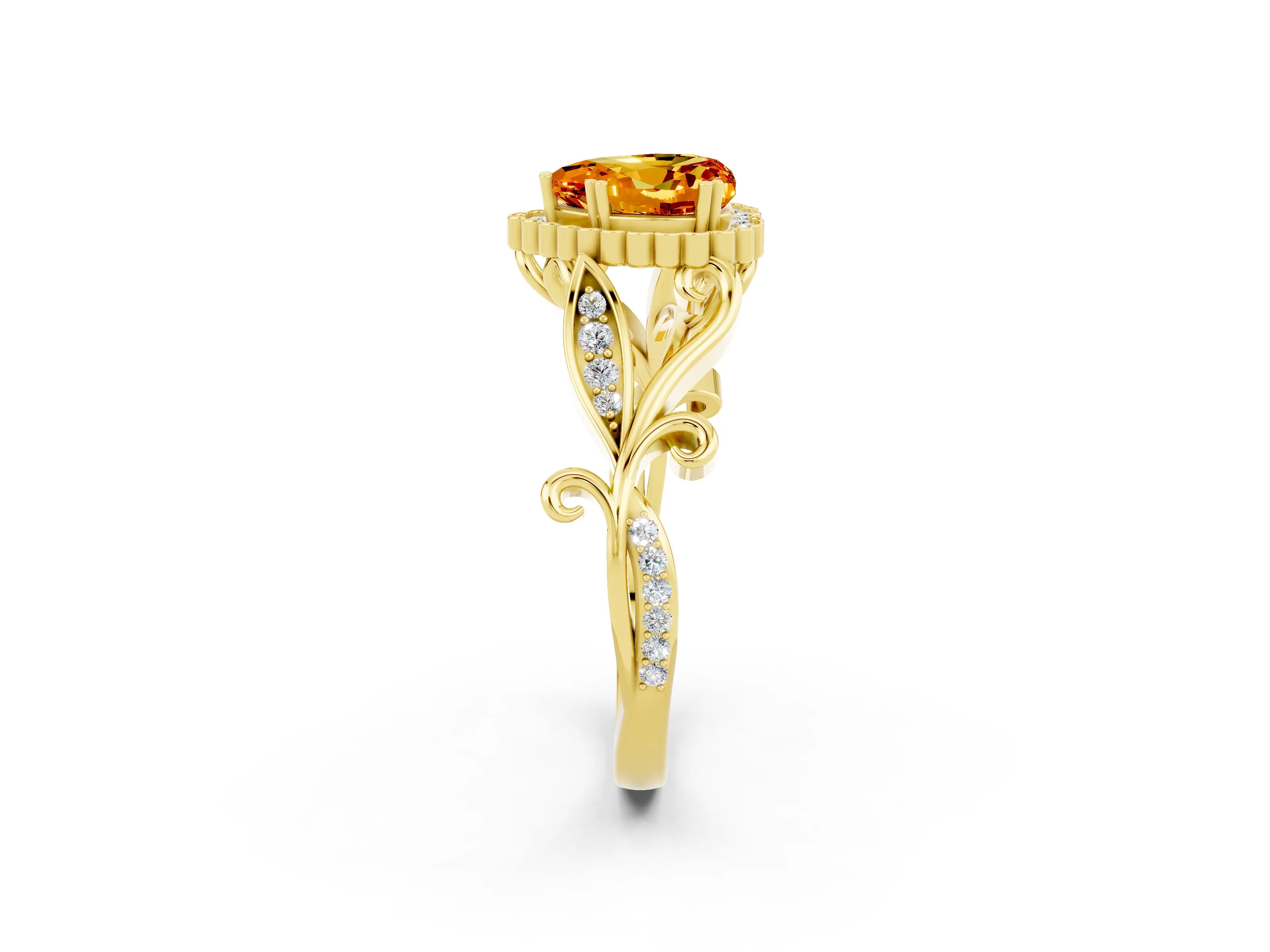Yellow gold Heart Cut Citrine Halo Ring with Vintage Split Shank and Four-Prong Setting_2