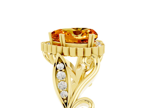 Yellow gold Heart Cut Citrine Halo Ring with Vintage Split Shank and Four-Prong Setting_5