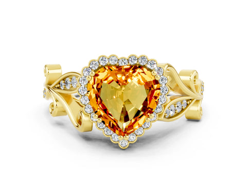 Yellow gold Heart Cut Citrine Halo Ring with Vintage Split Shank and Four-Prong Setting