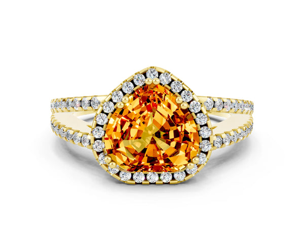Yellow gold Heart Cut Citrine Halo Split Shank Engagement Ring