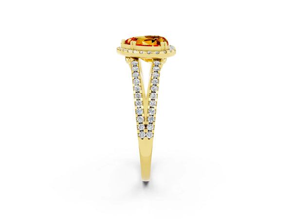 Yellow gold Heart Cut Citrine Halo Split Shank Engagement Ring