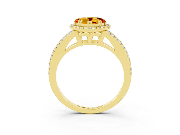 Yellow gold Heart Cut Citrine Halo Split Shank Engagement Ring