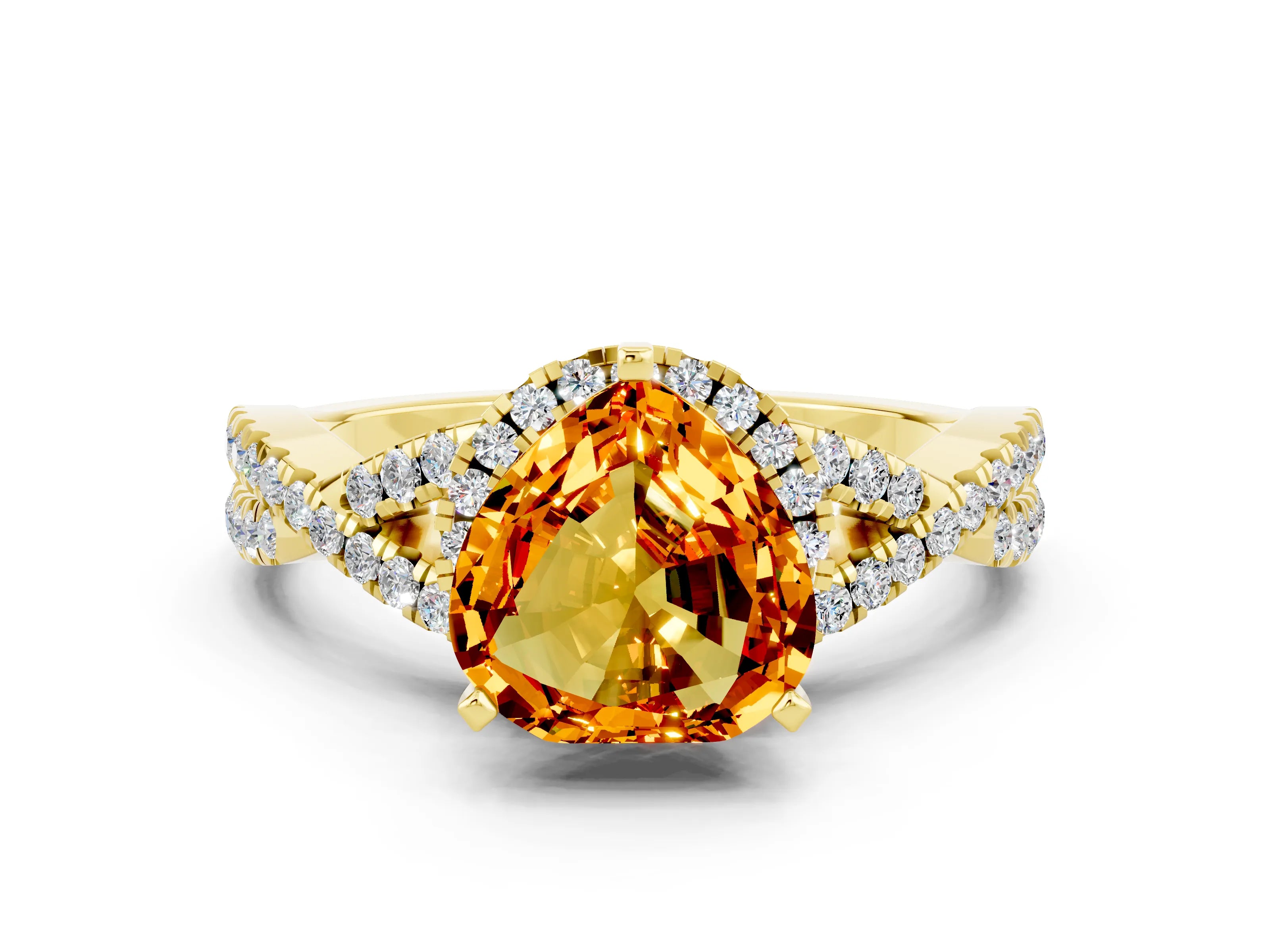 Yellow gold Heart Cut Citrine Halo Twist Band Solitaire Prong Setting Ring