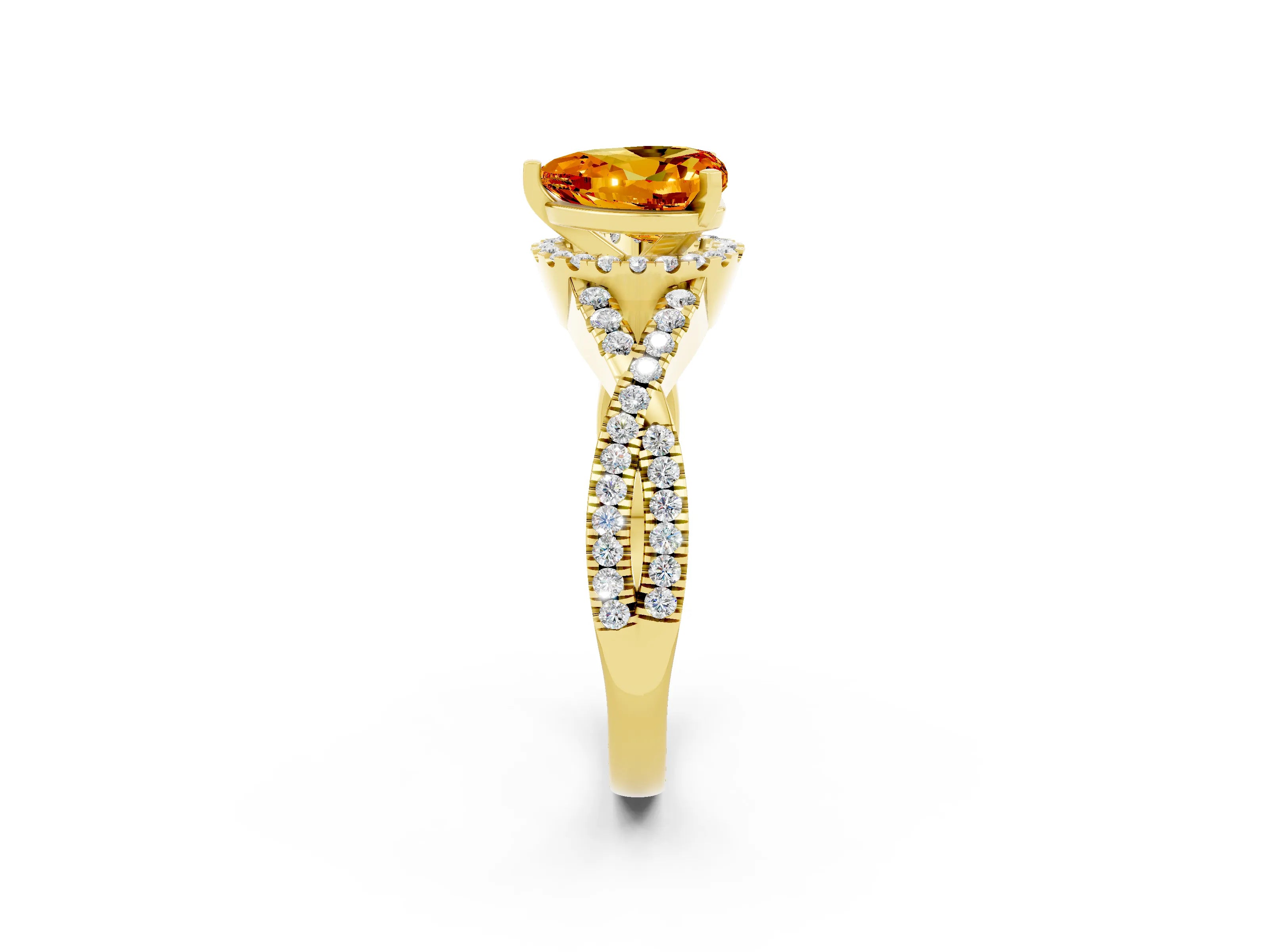 Yellow gold Heart Cut Citrine Halo Twist Band Solitaire Prong Setting Ring_2
