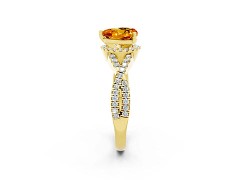 Yellow gold Heart Cut Citrine Halo Twist Band Solitaire Prong Setting Ring_2