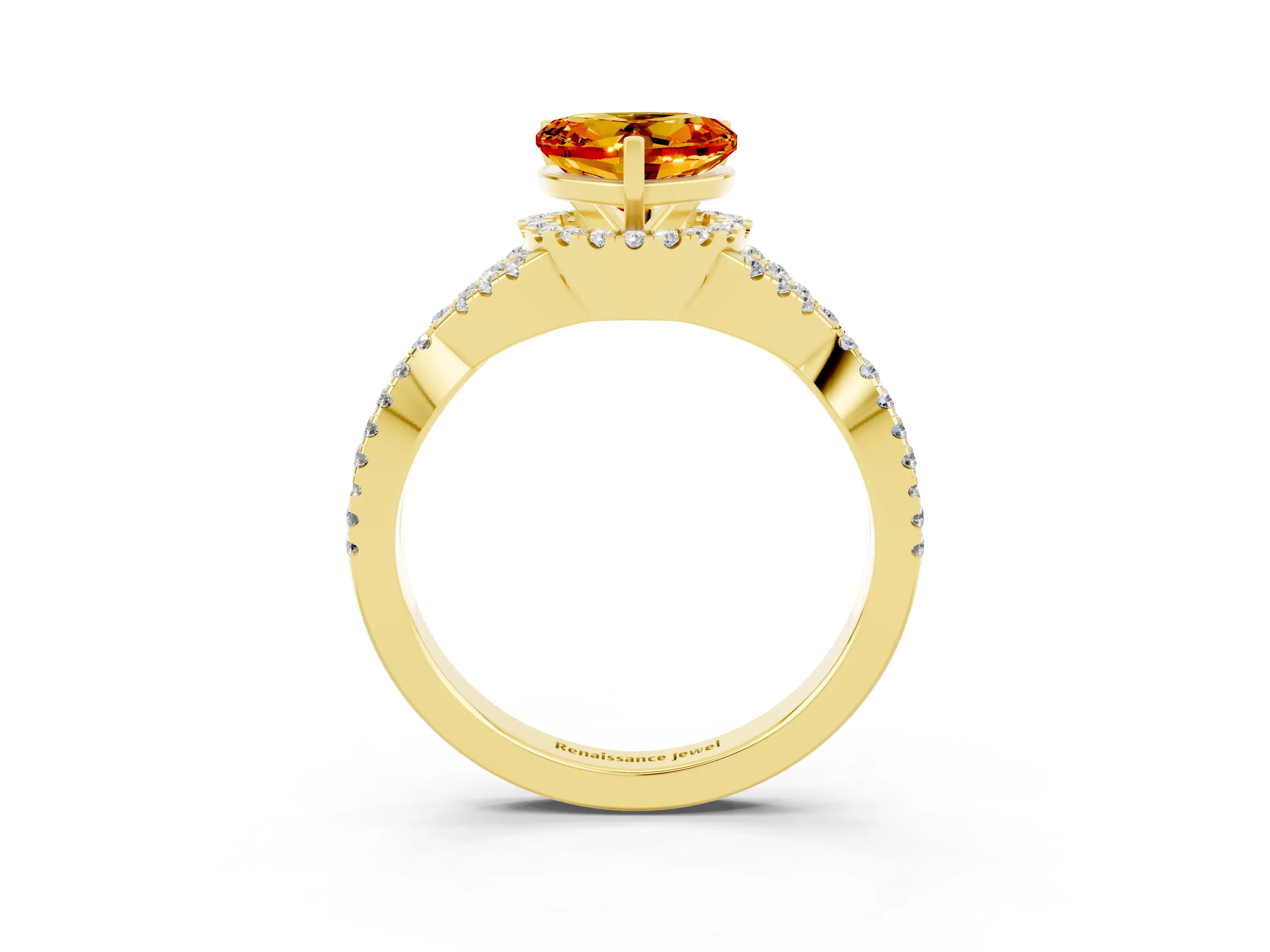 Yellow gold Heart Cut Citrine Halo Twist Band Solitaire Prong Setting Ring_3
