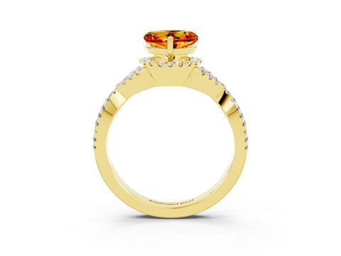 Yellow gold Heart Cut Citrine Halo Twist Band Solitaire Prong Setting Ring_3