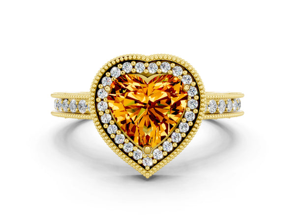 Yellow gold Heart Cut Citrine Milgrain Halo Engagement Ring with Round Pavé Band and Prong Setting
