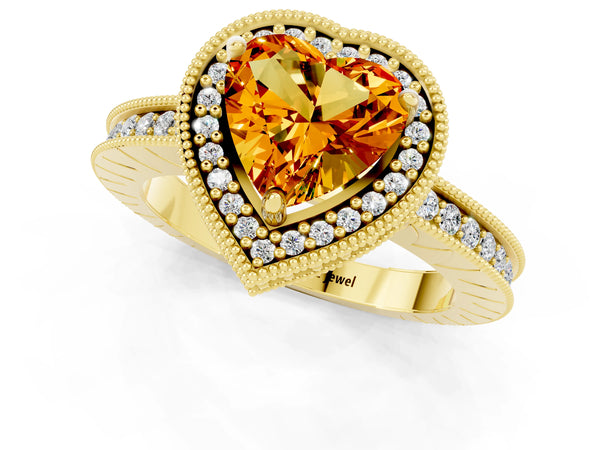 Yellow gold Heart Cut Citrine Milgrain Halo Engagement Ring with Round Pavé Band and Prong Setting