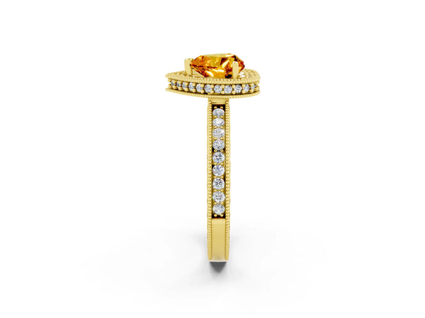 Yellow gold Heart Cut Citrine Milgrain Halo Engagement Ring with Round Pavé Band and Prong Setting