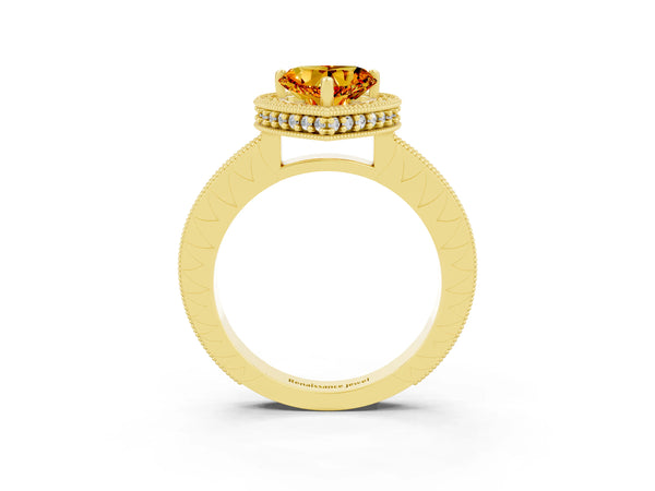 Yellow gold Heart Cut Citrine Milgrain Halo Engagement Ring with Round Pavé Band and Prong Setting