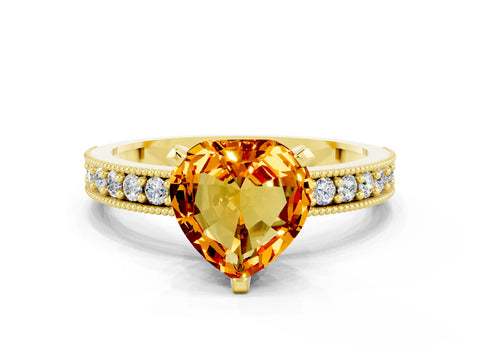 Yellow gold Heart Cut Citrine Milgrain Pavé Engagement Ring with Four-Prong Setting_12