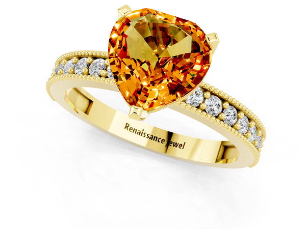 Yellow gold Heart Cut Citrine Milgrain Pavé Engagement Ring with Four-Prong Setting