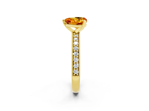 Yellow gold Heart Cut Citrine Milgrain Pavé Engagement Ring with Four-Prong Setting