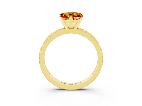 Yellow gold Heart Cut Citrine Milgrain Pavé Engagement Ring with Four-Prong Setting