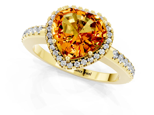Yellow gold Heart Cut Citrine Pavé Halo Ring with Four-Prong Setting