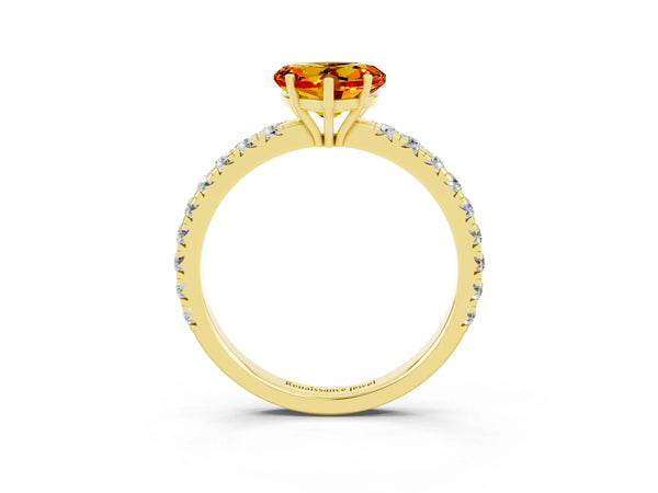 Yellow gold Heart Cut Citrine Pavé Solitaire Engagement Ring with Four-Prong Setting