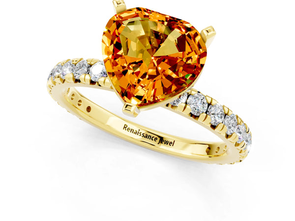 Yellow gold Heart Cut Citrine Pavé Solitaire Ring with Round Band and Prong Setting