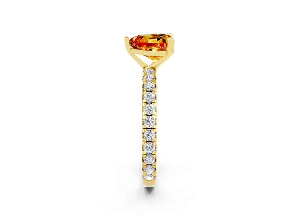 Yellow gold Heart Cut Citrine Pavé Solitaire Ring with Round Band and Prong Setting