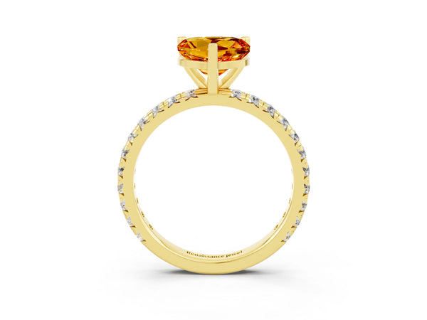 Yellow gold Heart Cut Citrine Pavé Solitaire Ring with Round Band and Prong Setting