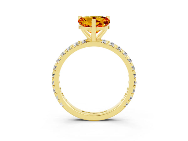 Yellow gold Heart Cut Citrine Pavé Solitaire Ring with Round Band and Prong Setting