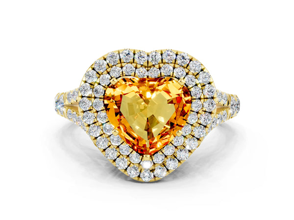 Yellow gold Heart Cut Citrine Pavé Split Shank Double Halo Engagement Ring