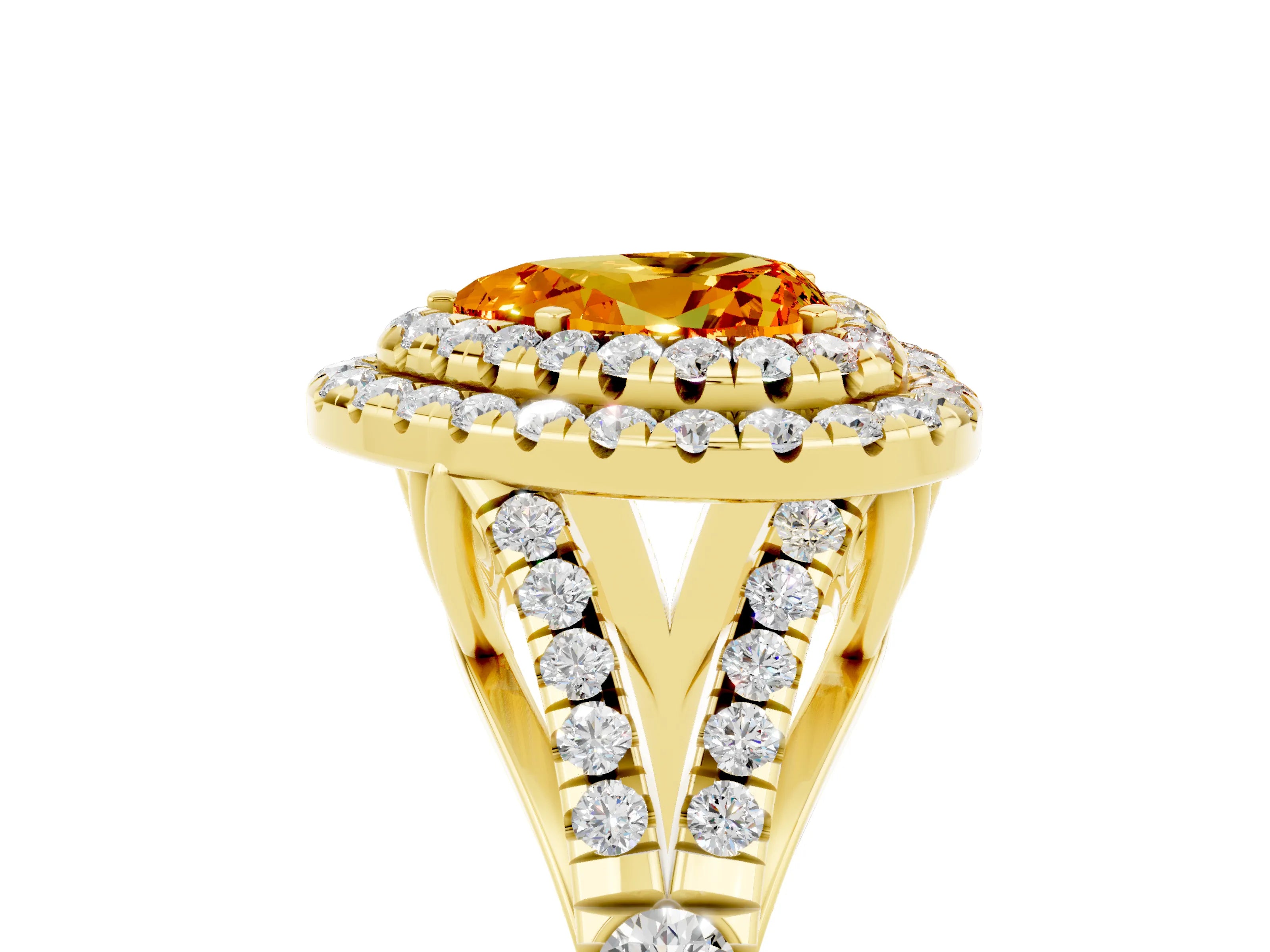 Yellow gold Heart Cut Citrine Pavé Split Shank Double Halo Engagement Ring_5