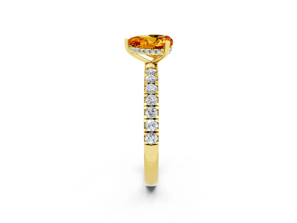 Yellow gold Heart Cut Citrine Pave Band Solitaire Ring with Round  and Prong Setting