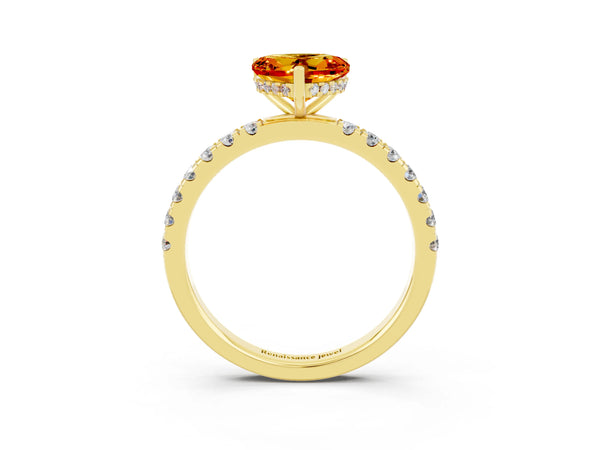 Yellow gold Heart Cut Citrine Pave Band Solitaire Ring with Round  and Prong Setting
