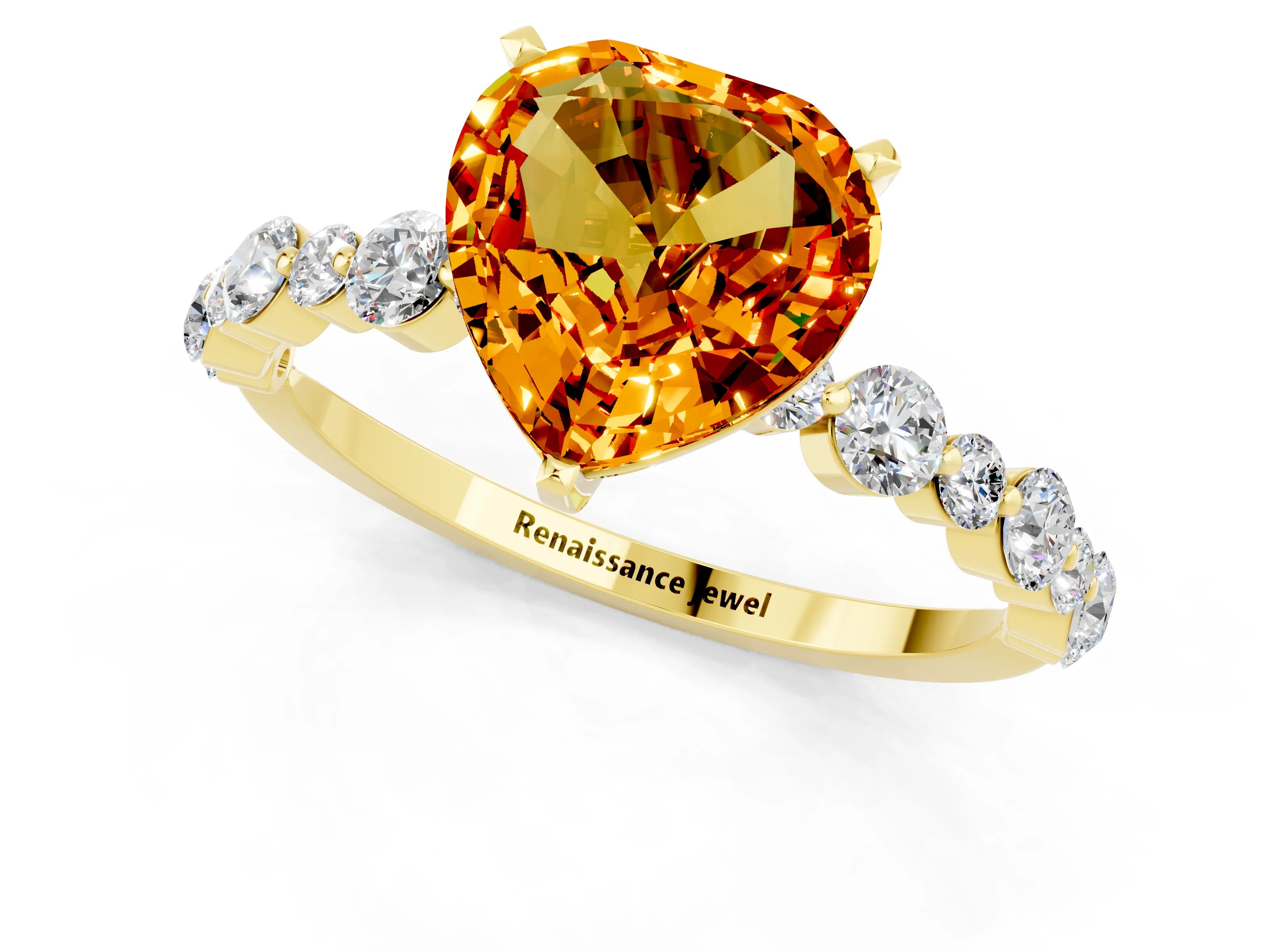 Yellow gold Heart Cut Citrine Prong Set Engagement Ring with Pavé Band_1