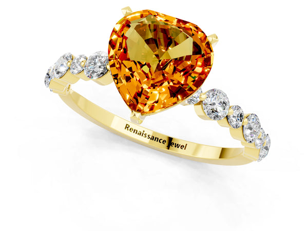 Yellow gold Heart Cut Citrine Prong Set Engagement Ring with Pavé Band