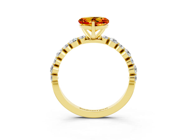 Yellow gold Heart Cut Citrine Prong Set Engagement Ring with Pavé Band