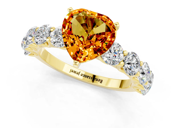 Yellow gold Heart Cut Citrine Prong Setting with Side Stones on a Pave Band
